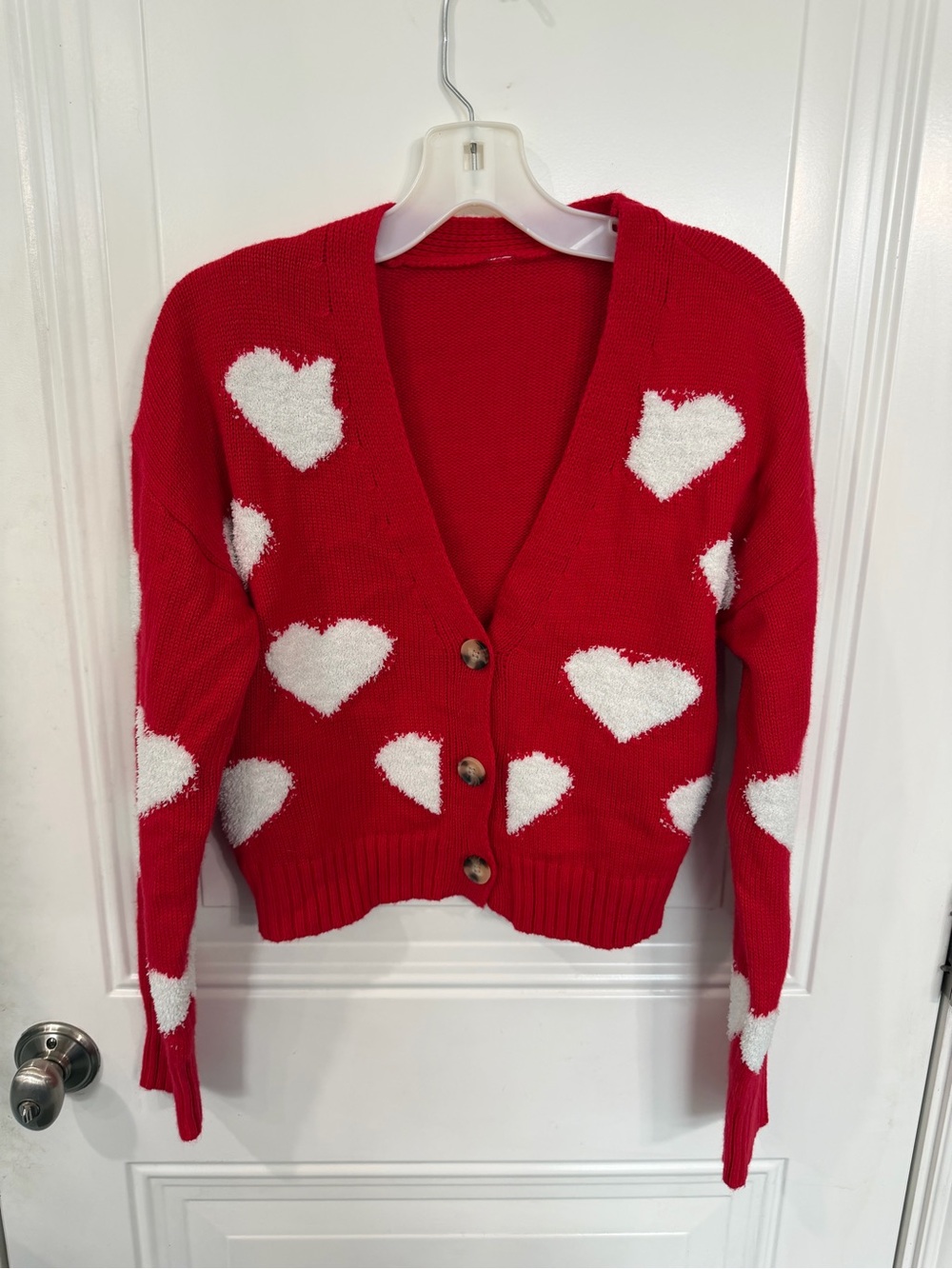 Red Heart-Print V-Neck Cardigan Sweater - Women's